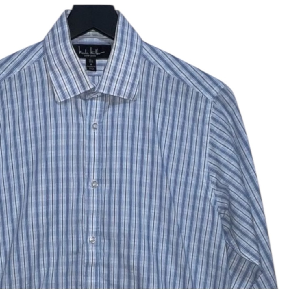 Nicole Miller Striped/Plaid Dress Shirt 15 1/2 x 32/33 Lt. Blue/White Modern Fit - Picture 1 of 6